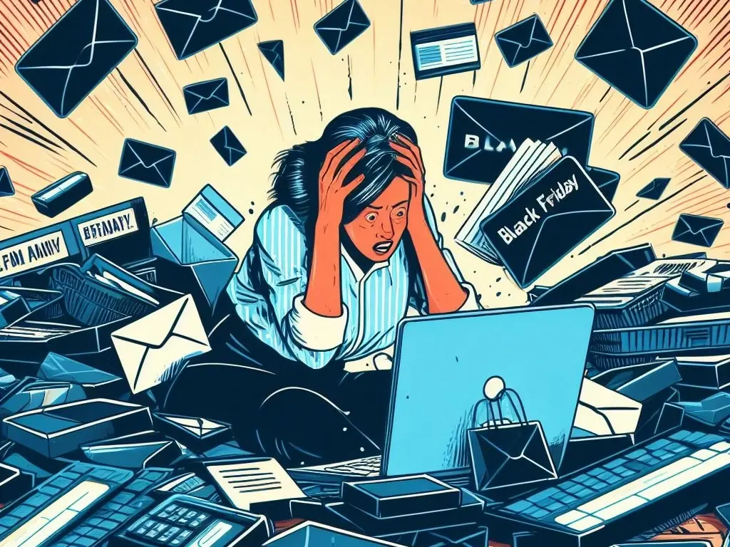 Illustration of woman bombarded with Black Friday emails