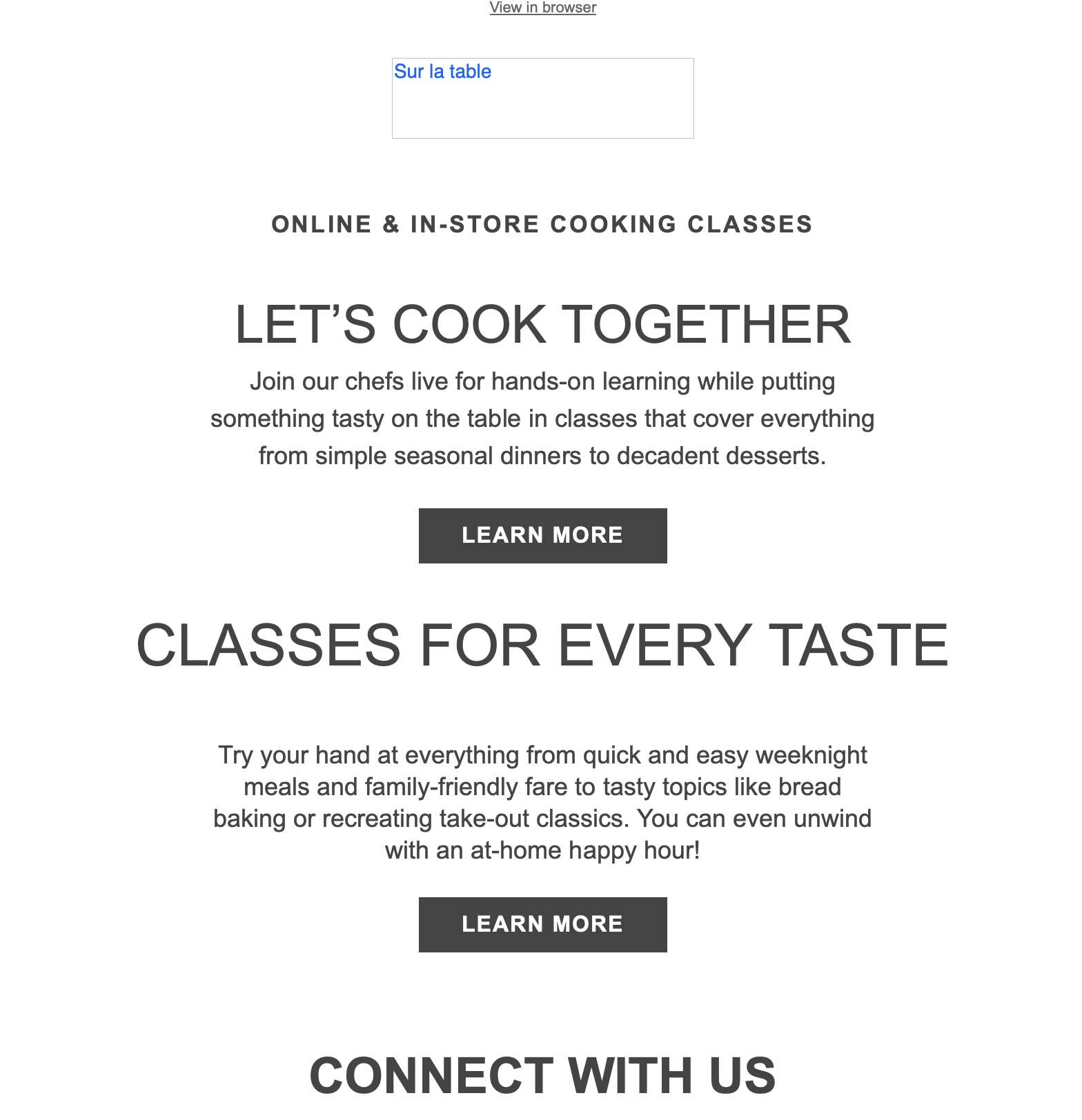 Sur la Table promotional email